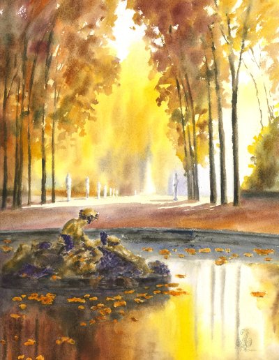 Aquarelle du bassin de Bacchus en automne