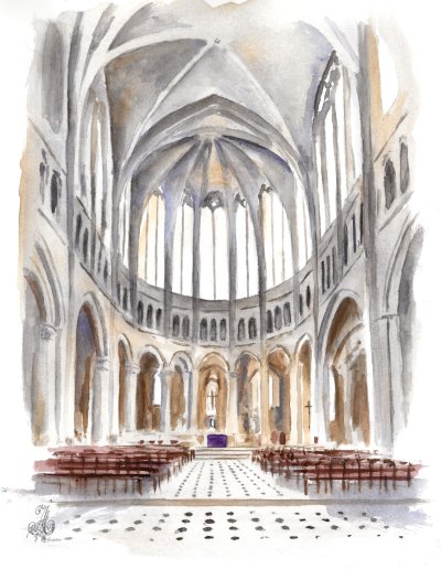 Intérieur d'église aquarelle