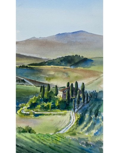 Aquarelle du val d'Orcia en toscane, Italie
