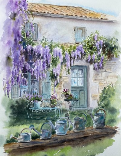 Aquarelle d'une maison avec glycines