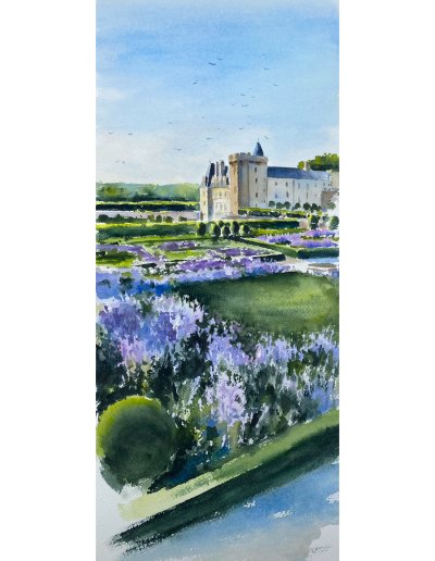 Aquarelle du château de villandry au printemps
